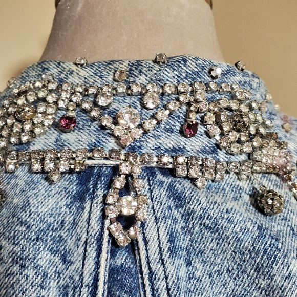 SOLD Rhinestone Acid Denim Moto Jacket - Picture 4 of 5